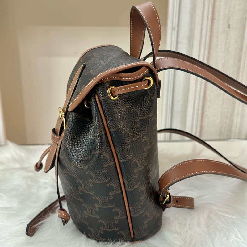 CELINE Folco  Backpack標誌印花老花滿印翻蓋 帆布拼牛皮革 背包雙肩包 迷你 mini黃褐色-1