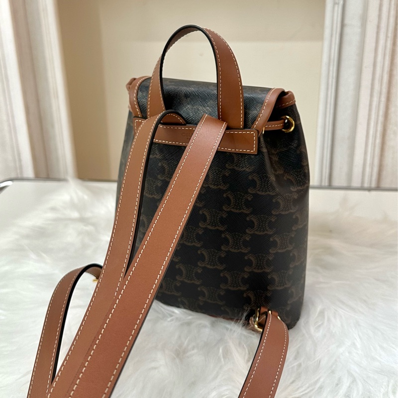 CELINE Folco  Backpack標誌印花老花滿印翻蓋 帆布拼牛皮革 背包雙肩包 迷你 mini黃褐色-2