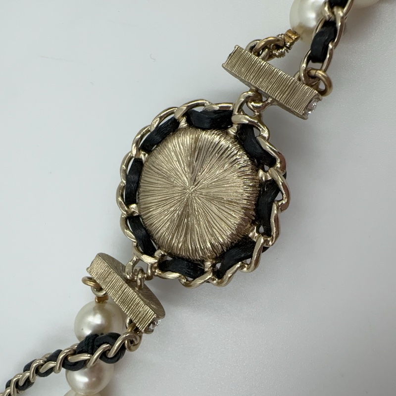 CHANEL珍珠皮穿鏈雙鏈圓形水鑽LOGO長項鍊-7