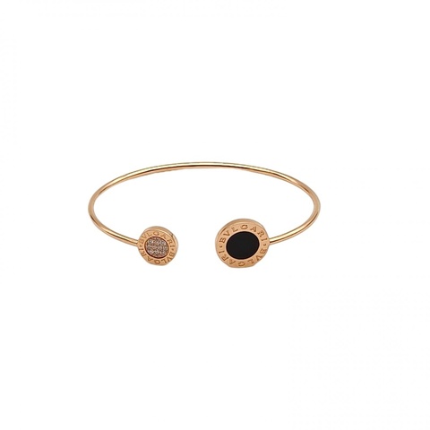 BVLGARI 18K玫瑰金鑽石縞瑪瑙大小圓餅翻轉開口手鐲