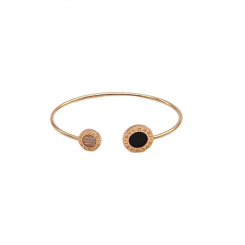 BVLGARI 18K玫瑰金鑽石縞瑪瑙大小圓餅翻轉開口手鐲-0