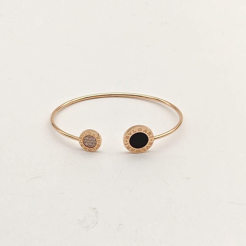 BVLGARI 18K玫瑰金鑽石縞瑪瑙大小圓餅翻轉開口手鐲-1