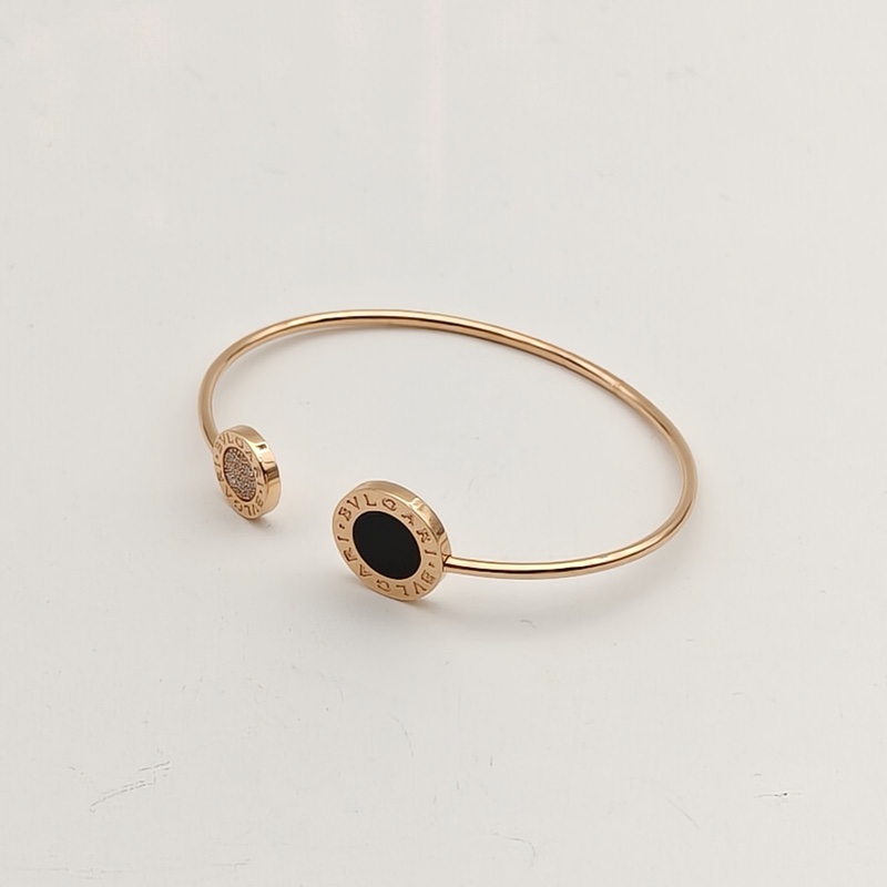 BVLGARI 18K玫瑰金鑽石縞瑪瑙大小圓餅翻轉開口手鐲-2