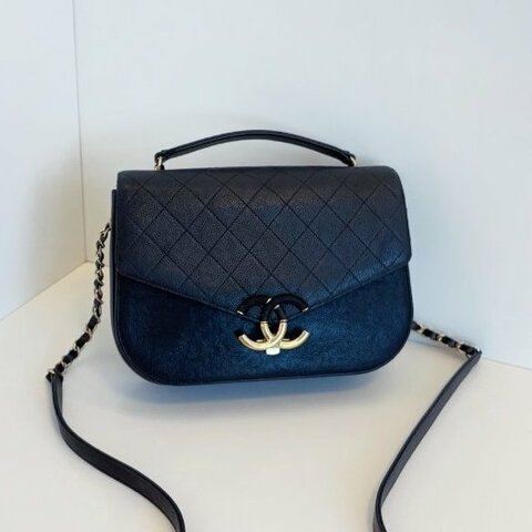 香奈兒/Chanel 荔枝牛皮 黑金大雙C古巴郵差包