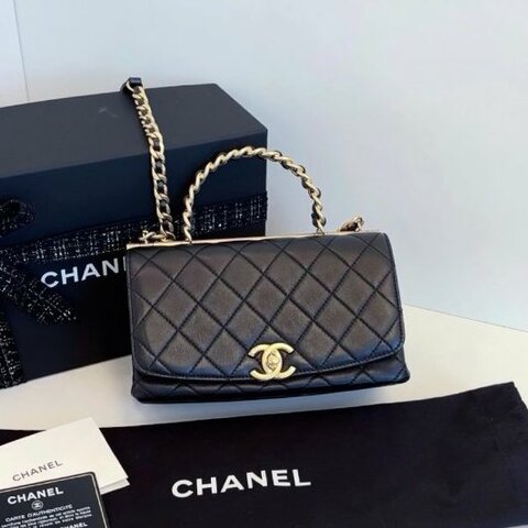 近新品 香奈兒/Chanel 黑金Top Handle CF手柄郵差包 橫版小號