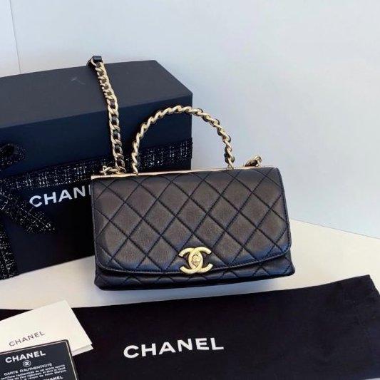 近新品 香奈兒/Chanel 黑金Top Handle CF手柄郵差包 橫版小號-0
