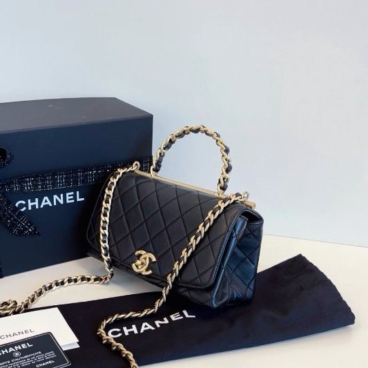 近新品 香奈兒/Chanel 黑金Top Handle CF手柄郵差包 橫版小號-2