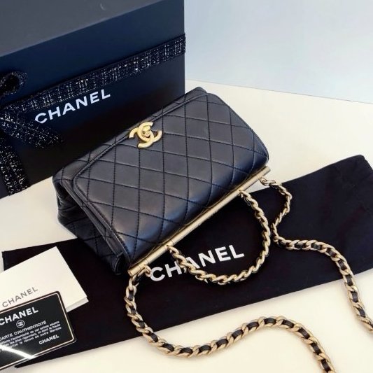 近新品 香奈兒/Chanel 黑金Top Handle CF手柄郵差包 橫版小號-3