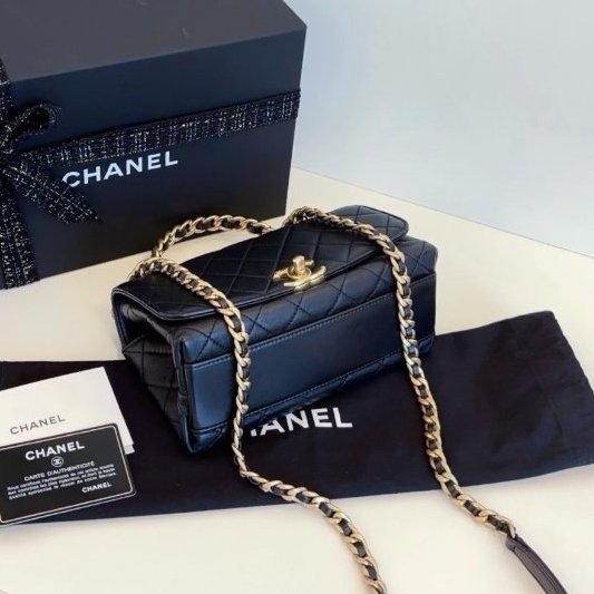 近新品 香奈兒/Chanel 黑金Top Handle CF手柄郵差包 橫版小號-4