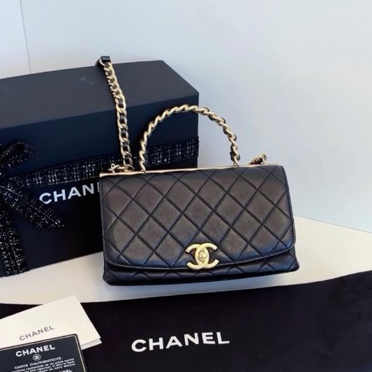 近新品 香奈兒/Chanel 黑金Top Handle CF手柄郵差包 橫版小號-5