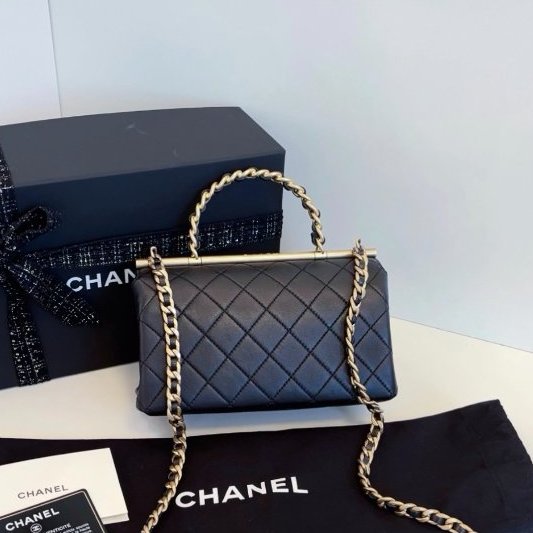 近新品 香奈兒/Chanel 黑金Top Handle CF手柄郵差包 橫版小號-6