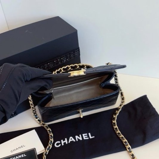 近新品 香奈兒/Chanel 黑金Top Handle CF手柄郵差包 橫版小號-8