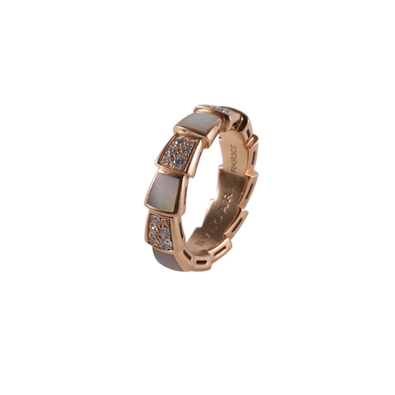 BVLGARI SERPENTI蛇戒貝母雙排間鑽戒指18K玫瑰金/鑽石/白貝母52-0