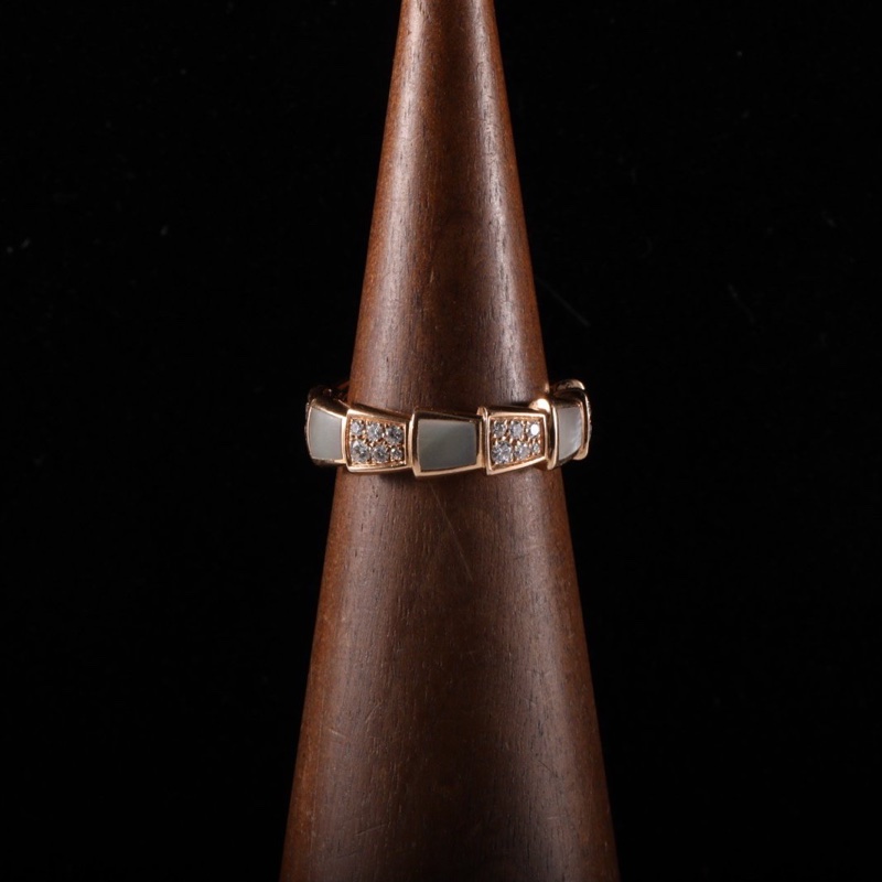 BVLGARI SERPENTI蛇戒貝母雙排間鑽戒指18K玫瑰金/鑽石/白貝母52-1