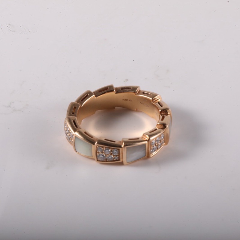 BVLGARI SERPENTI蛇戒貝母雙排間鑽戒指18K玫瑰金/鑽石/白貝母52-2