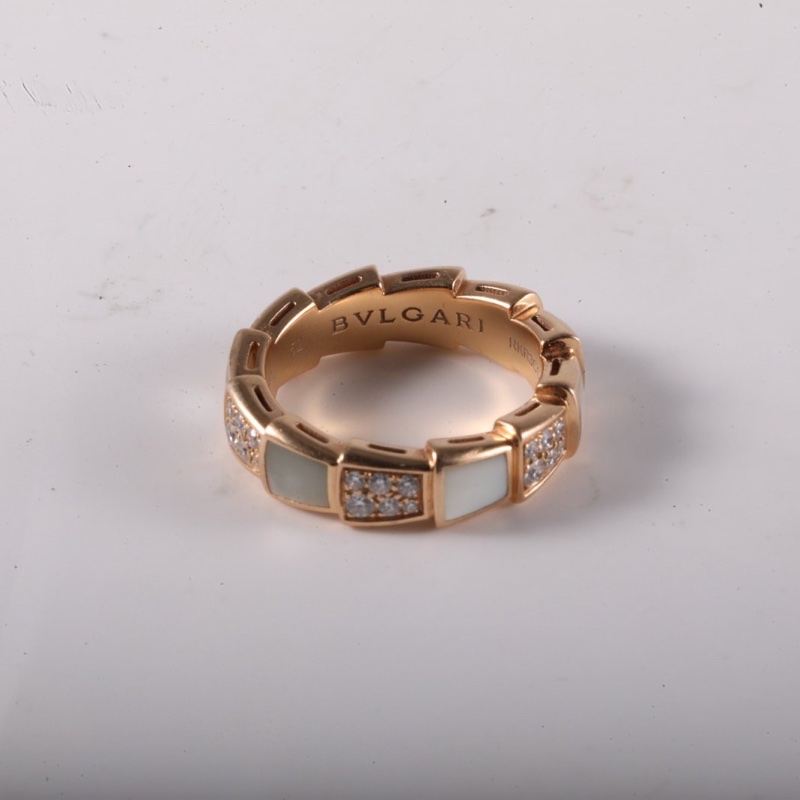 BVLGARI SERPENTI蛇戒貝母雙排間鑽戒指18K玫瑰金/鑽石/白貝母52-4