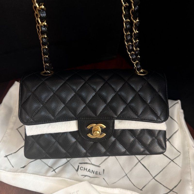 全新品 香奈兒/Chanel 黑金荔枝皮cf 小號鏈條包 芯片款-6