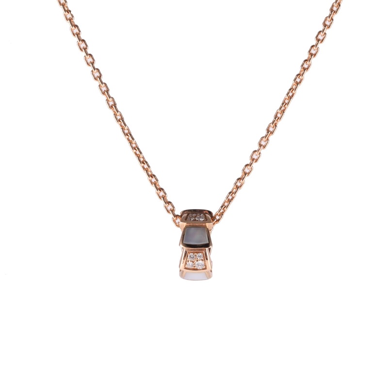 BVLGARI 18K玫瑰金鑽石白貝母SerpentiViper拼鑽蛇骨項鏈-0
