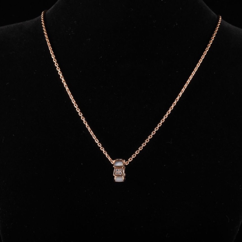 BVLGARI 18K玫瑰金鑽石白貝母SerpentiViper拼鑽蛇骨項鏈-1