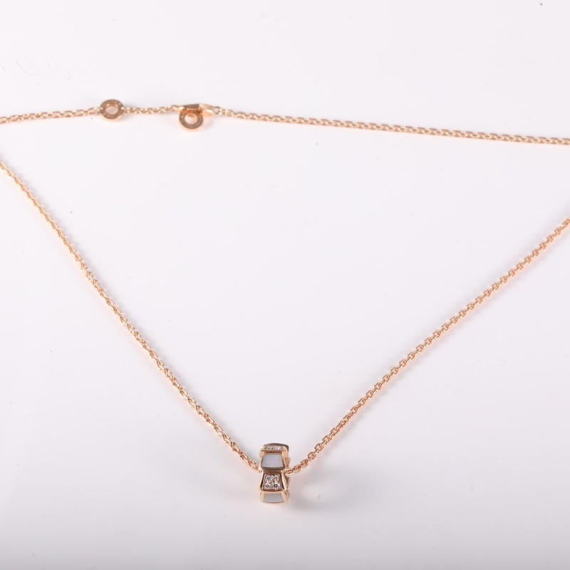 BVLGARI 18K玫瑰金鑽石白貝母SerpentiViper拼鑽蛇骨項鏈-2