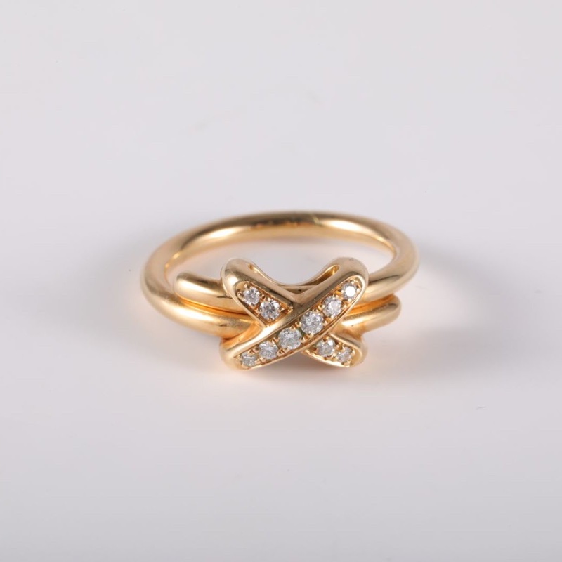 CHAUMET 18K黃金鑽石JuxeDeLiens歡緣小叉戒指鑲鑽49-3