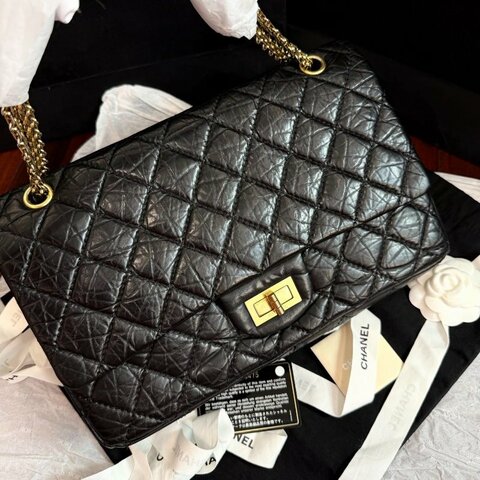 近新品 香奈兒/Chanel 2.55大號黑色菱格紋油蠟皮鏈條包