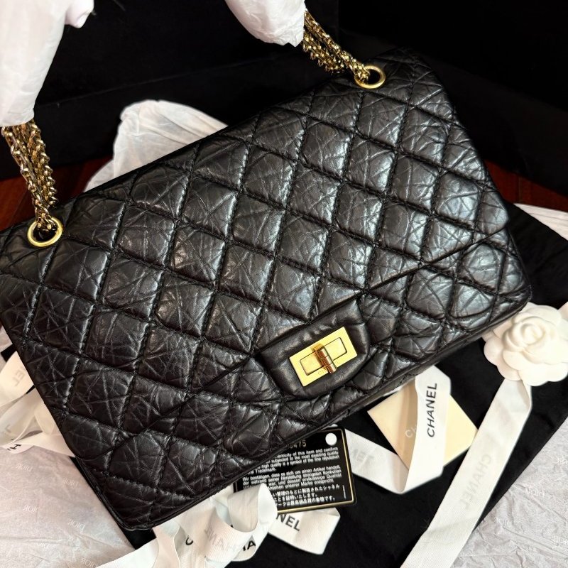 近新品 香奈兒/Chanel 2.55大號黑色菱格紋油蠟皮鏈條包-0