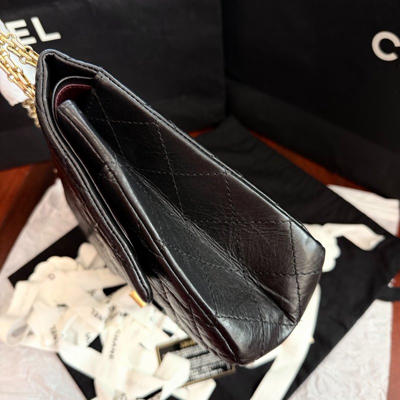 近新品 香奈兒/Chanel 2.55大號黑色菱格紋油蠟皮鏈條包-3