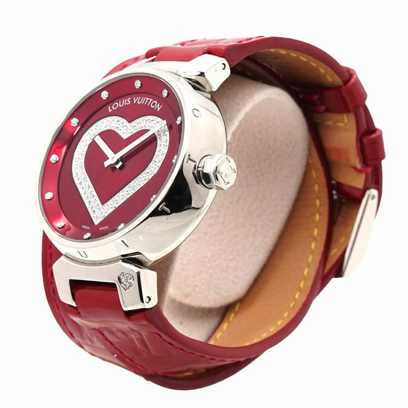 路易威登 Tambour Heart Pomme d'Amour Q1314 女士腕錶 12P 鑲鑽 紅色石英錶-1