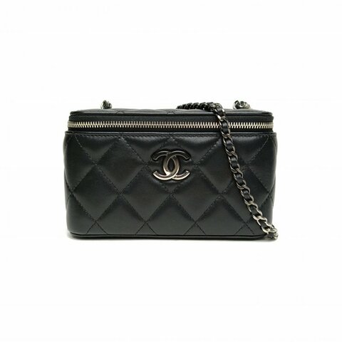 CHANEL 黑色羊皮鐳射標24C漸變雙C扣長盒子化妝包肩背包