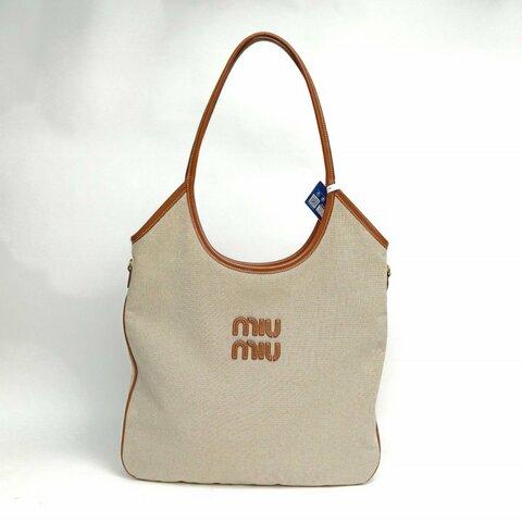 MIU MIU IVYTote托特包米色牛皮/帆布金扣35肩背包