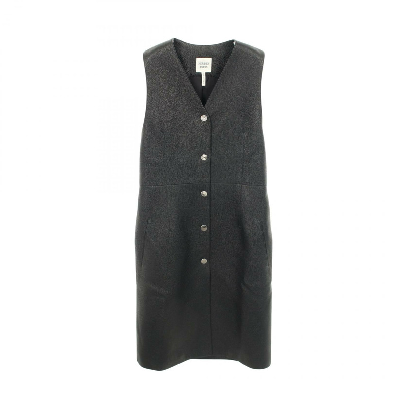 愛馬仕 (HERMES) Serie Button Long Gilet Vest 4E1207D2 Dearskin Black #36 Used Women-0