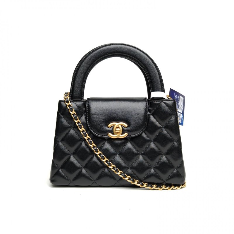 CHANEL 25AKelly鏈條手柄手提包黑色羊皮晶片金扣肩背包-0