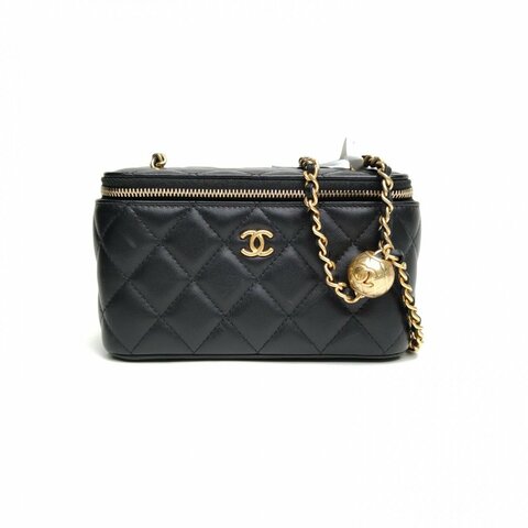 CHANEL 長盒子化妝包黑色羊皮鐳射標金扣金球調節扣肩背包