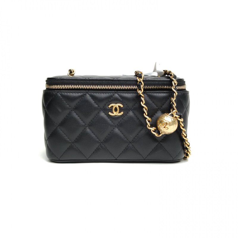 CHANEL 長盒子化妝包黑色羊皮鐳射標金扣金球調節扣肩背包-0
