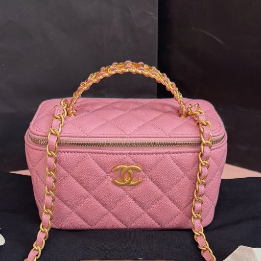 全新品 香奈兒/Chanel 櫻花粉 字母鏤空logo手柄長盒子鏈條包-0