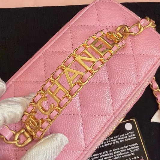 全新品 香奈兒/Chanel 櫻花粉 字母鏤空logo手柄長盒子鏈條包-8