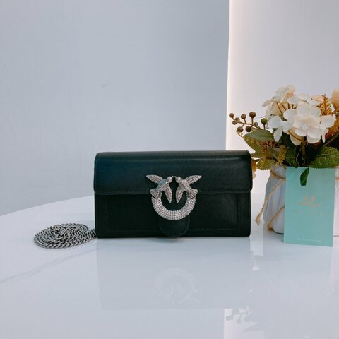 MS0637 Pinko 品高 燕子包 鏈條 錢包 皮革 黑色 銀扣 水晶 Love One Wallet On Chain Leather and Crystal Black x PHW