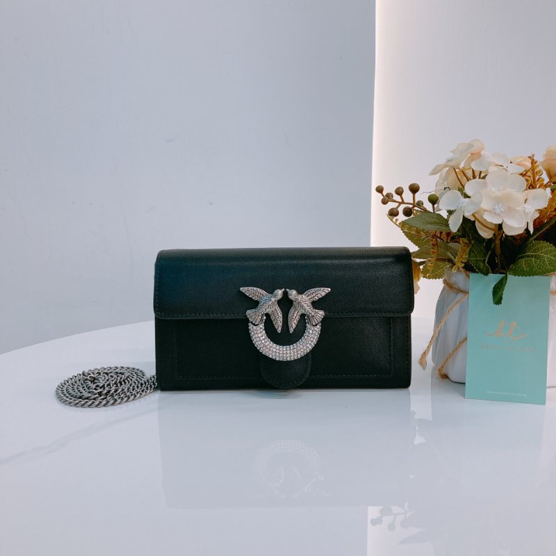 MS0637 Pinko 品高 燕子包 鏈條 錢包 皮革 黑色 銀扣 水晶 Love One Wallet On Chain Leather and Crystal Black x PHW-0