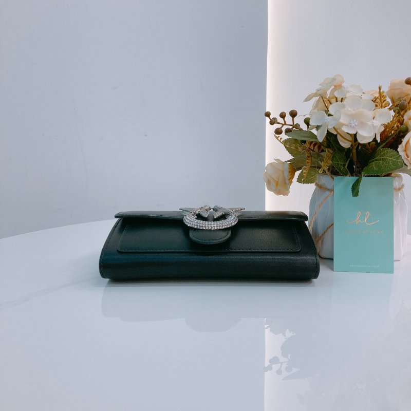 MS0637 Pinko 品高 燕子包 鏈條 錢包 皮革 黑色 銀扣 水晶 Love One Wallet On Chain Leather and Crystal Black x PHW-4