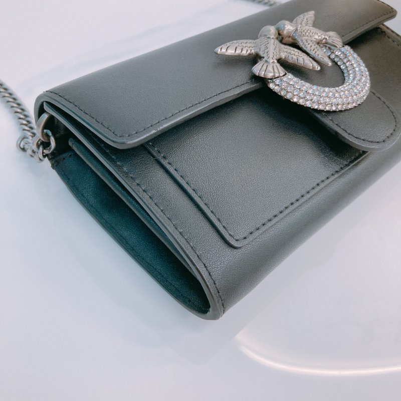 MS0637 Pinko 品高 燕子包 鏈條 錢包 皮革 黑色 銀扣 水晶 Love One Wallet On Chain Leather and Crystal Black x PHW-5