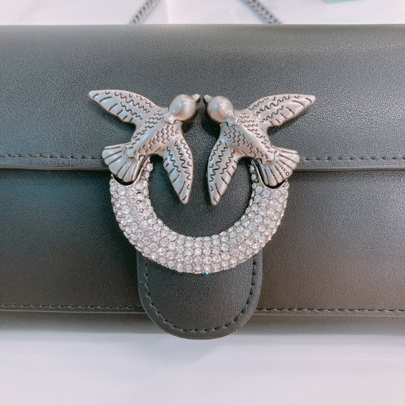 MS0637 Pinko 品高 燕子包 鏈條 錢包 皮革 黑色 銀扣 水晶 Love One Wallet On Chain Leather and Crystal Black x PHW-7