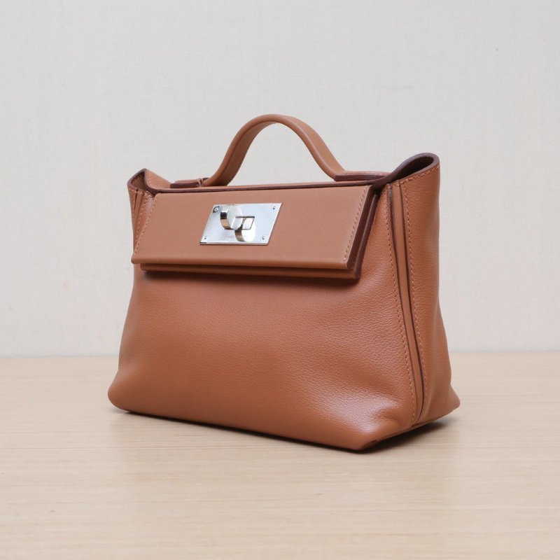 HERMES 2424mini金棕色EC皮/Swift皮W刻銀扣肩背包-4
