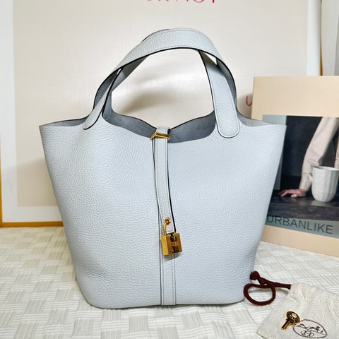 99新 愛馬仕 Hermes 金扣 22尺寸 菜籃子冰川藍 U刻