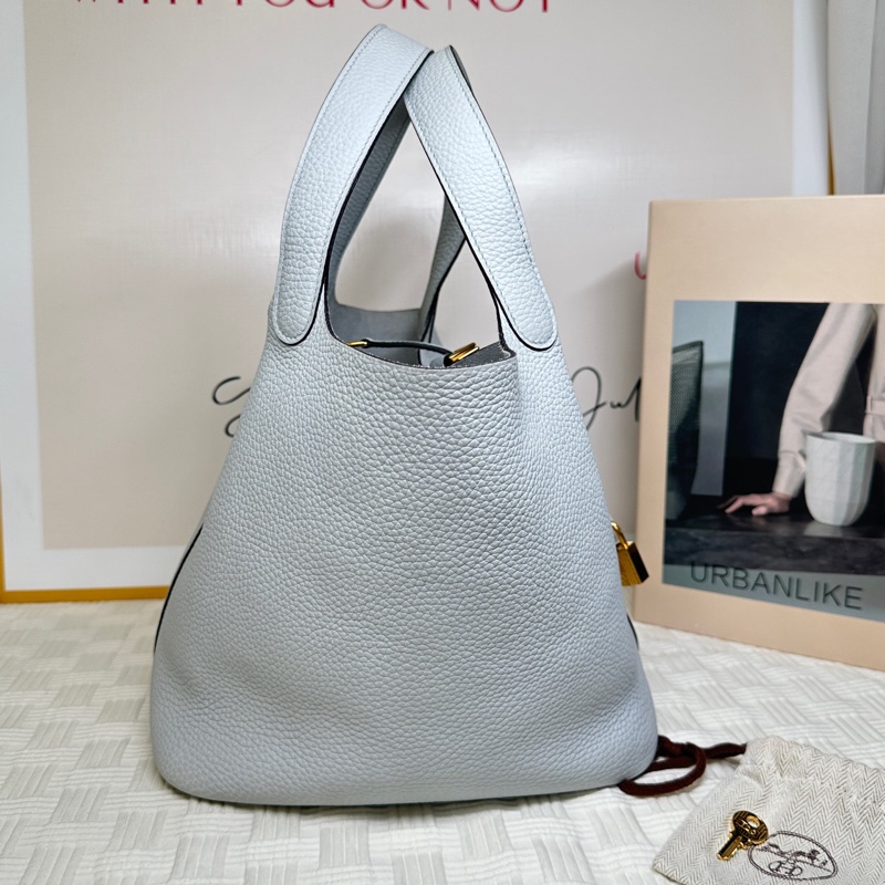 99新 愛馬仕 Hermes 金扣 22尺寸 菜籃子冰川藍 U刻-1