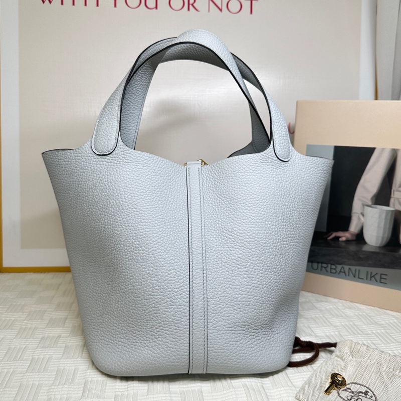 99新 愛馬仕 Hermes 金扣 22尺寸 菜籃子冰川藍 U刻-3