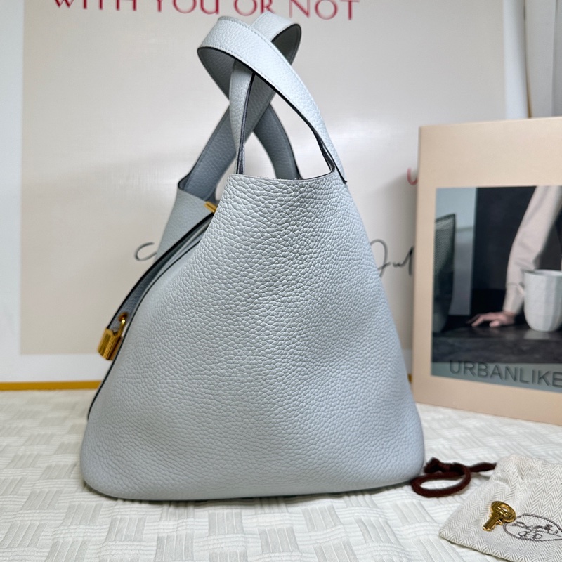 99新 愛馬仕 Hermes 金扣 22尺寸 菜籃子冰川藍 U刻-4