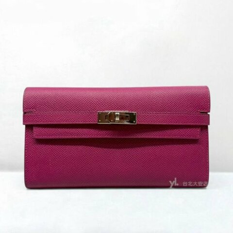 B6364-HERMES KELLY L3玫瑰紫EPOSM皮銀釦長夾