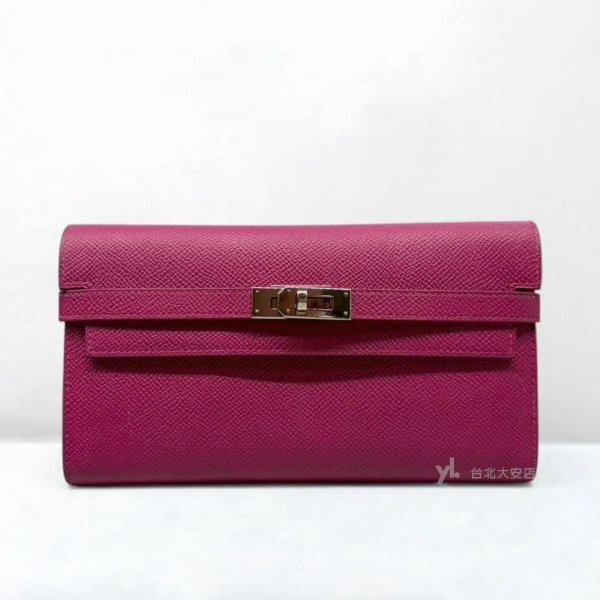 B6364-HERMES KELLY L3玫瑰紫EPOSM皮銀釦長夾-0
