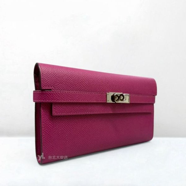 B6364-HERMES KELLY L3玫瑰紫EPOSM皮銀釦長夾-1